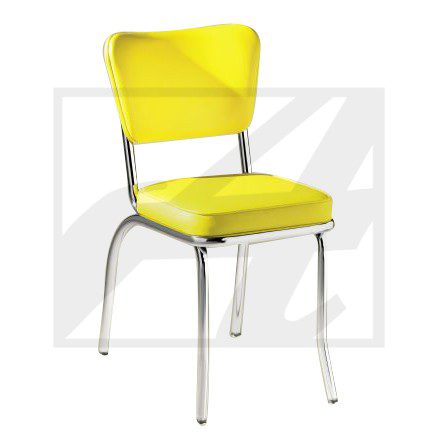 Yellow retro-style chair with chrome legs and bright upholstery.