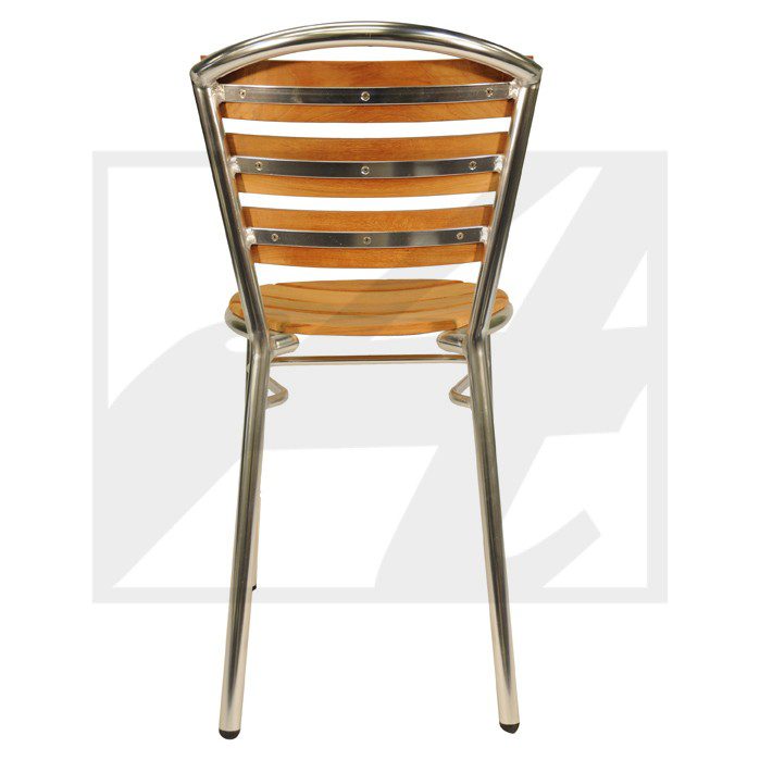 Rear view of a metal and wood outdoor chair with slatted backrest.