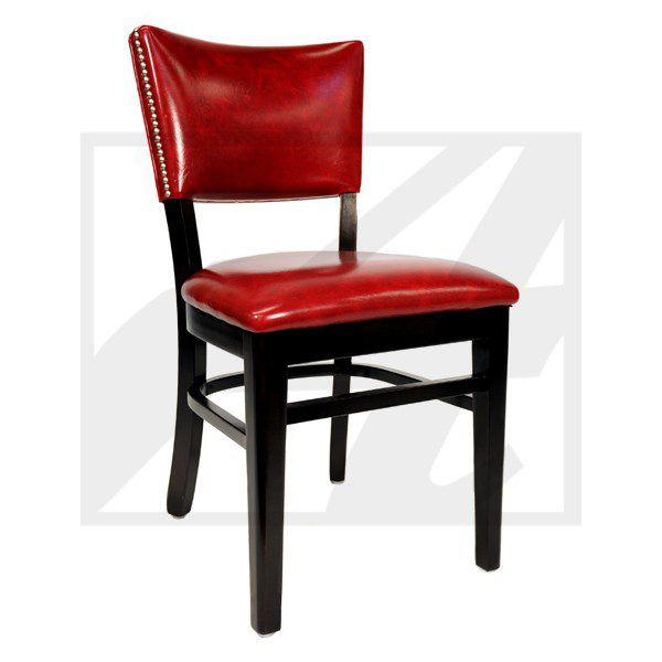 Black wooden chair with red cushioned seat and backrest.