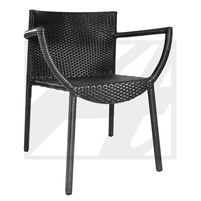 Modern black woven chair with armrests and sleek legs.