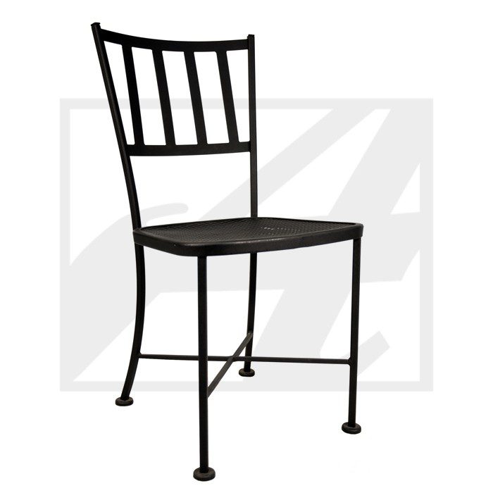 Black metal chair with vertical slats and curved legs.