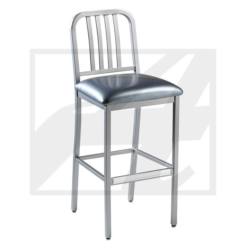 Metal bar stool with a cushioned seat and backrest.