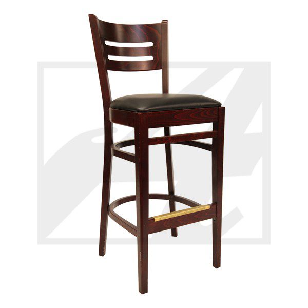Wooden bar stool with a cushioned seat and ladder back design.
