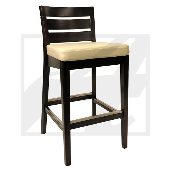 Dark wooden bar stool with a cushioned beige seat and slatted backrest.