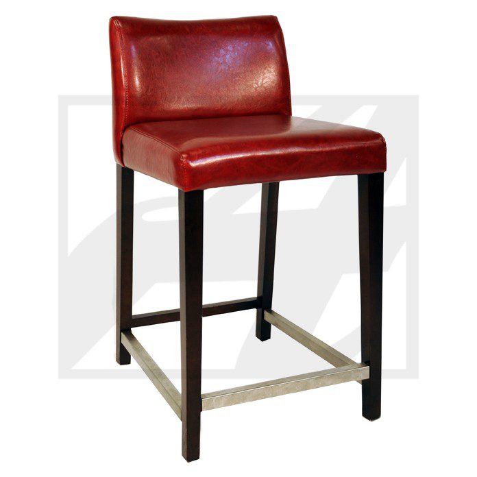 Tall red leather bar stool with dark wooden legs and metal footrest.