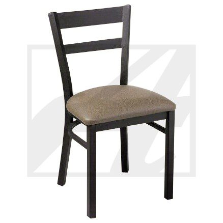 Black wooden chair with cushioned beige seat and ladder back design.