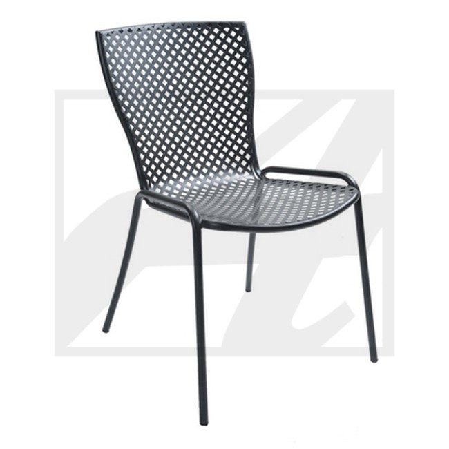 Modern black perforated metal chair with four legs.