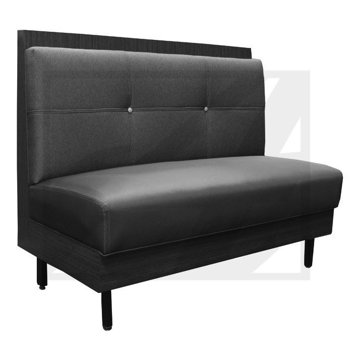 Black leather tufted bench with high back and wooden legs.