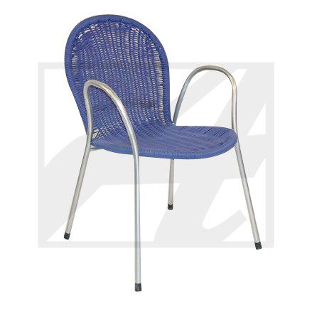Blue woven chair with metal frame and armrests.