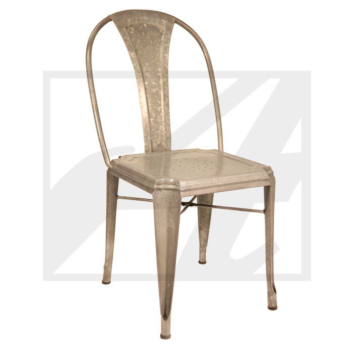 Metal chair with a rustic, industrial design and curved backrest.
