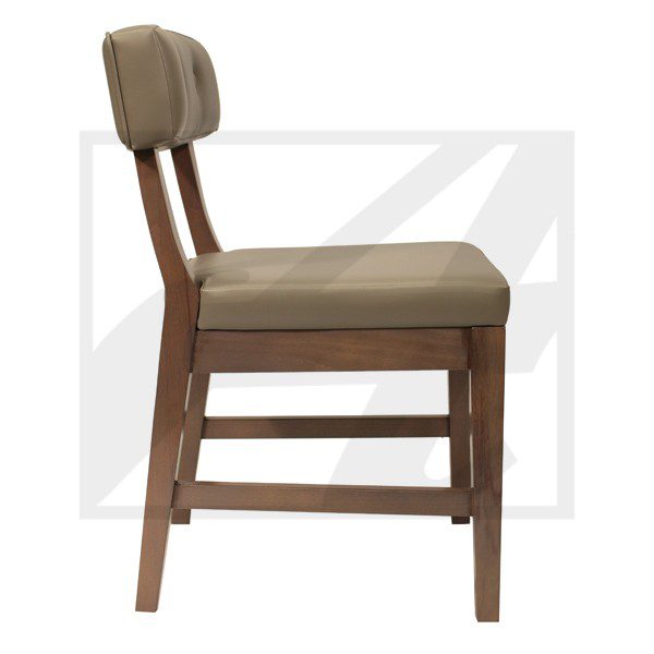 Wooden chair with cushioned seat and backrest.