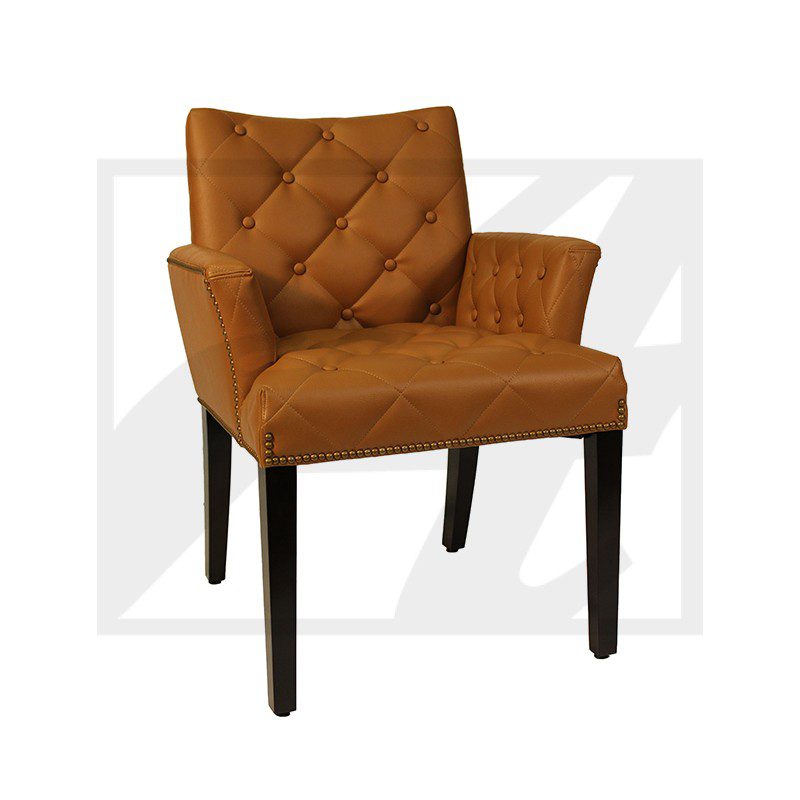 A stylish brown upholstered chair with tufted backrest and black legs.