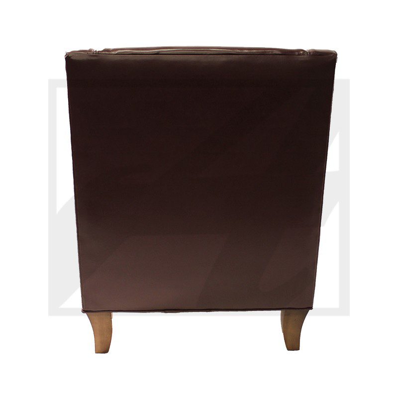 Dark brown leather chair back with wooden legs.
