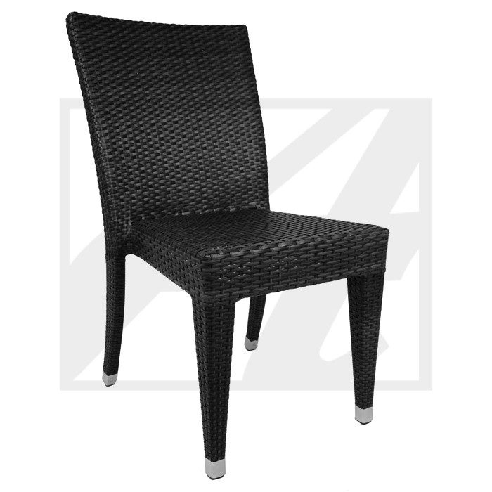Black woven plastic chair with silver-tipped legs.