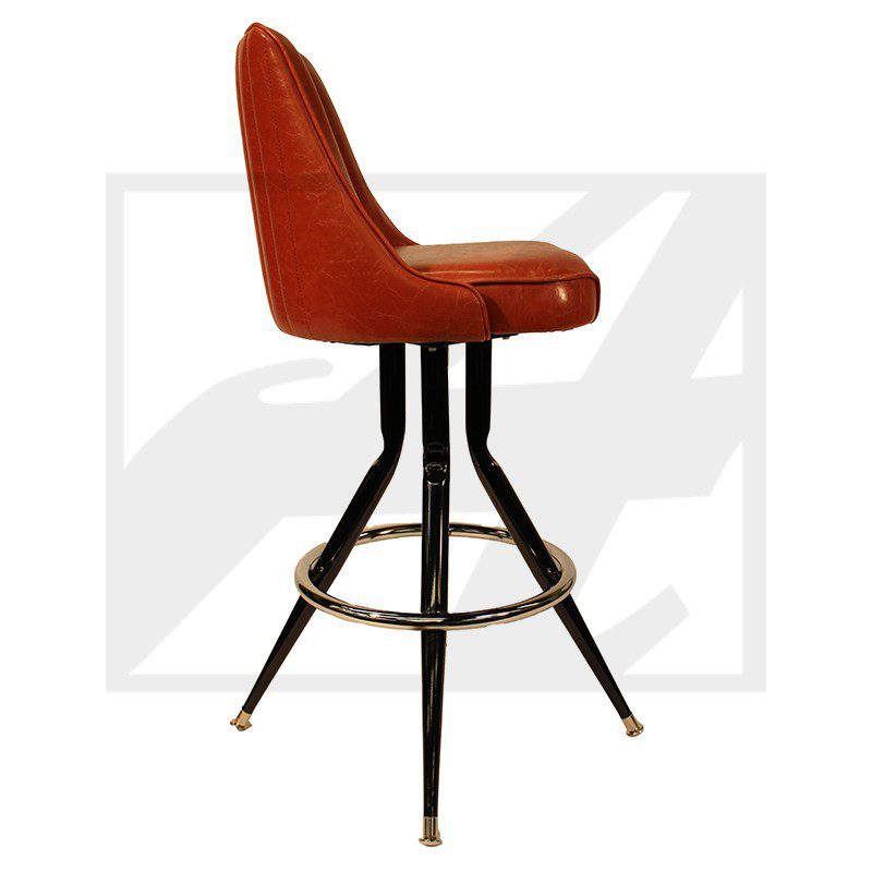 Modern bar stool with orange upholstery and black metal legs.