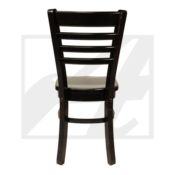 Dark wooden chair with a cushioned seat and ladder back design.