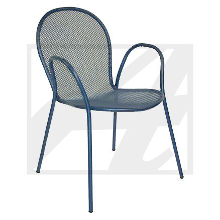 Modern outdoor chair with metal frame and mesh seat.