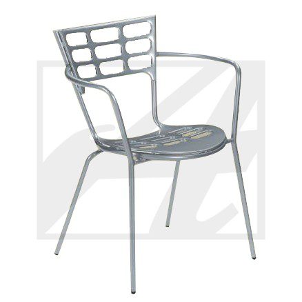 Modern metal chair with a grid-patterned backrest and round seat.