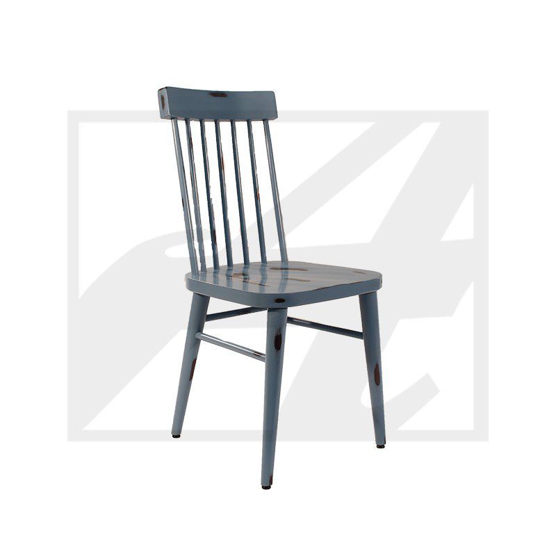 A sleek black wooden chair with vertical slats on the backrest.