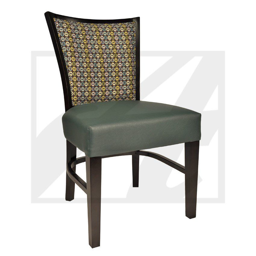 Elegant chair with green seat and woven backrest.