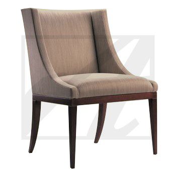 Elegant beige upholstered chair with dark wooden legs.
