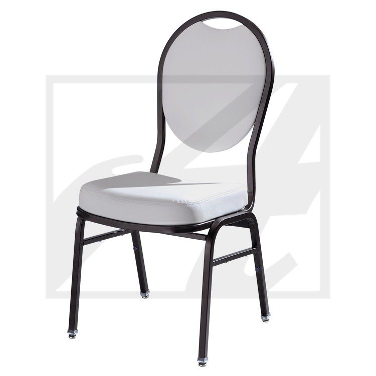 A silver banquet chair with a black metal frame and padded seat.