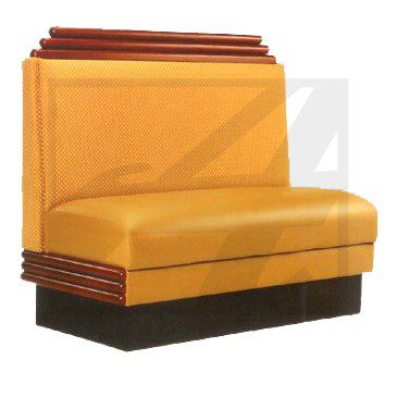 A modern yellow booth seat with a wooden base and backrest.