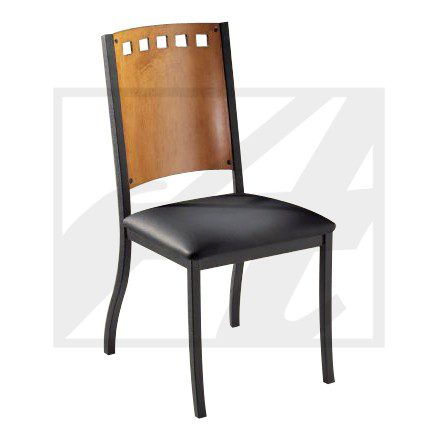 Wood and black metal chair with a curved backrest and cushioned seat.