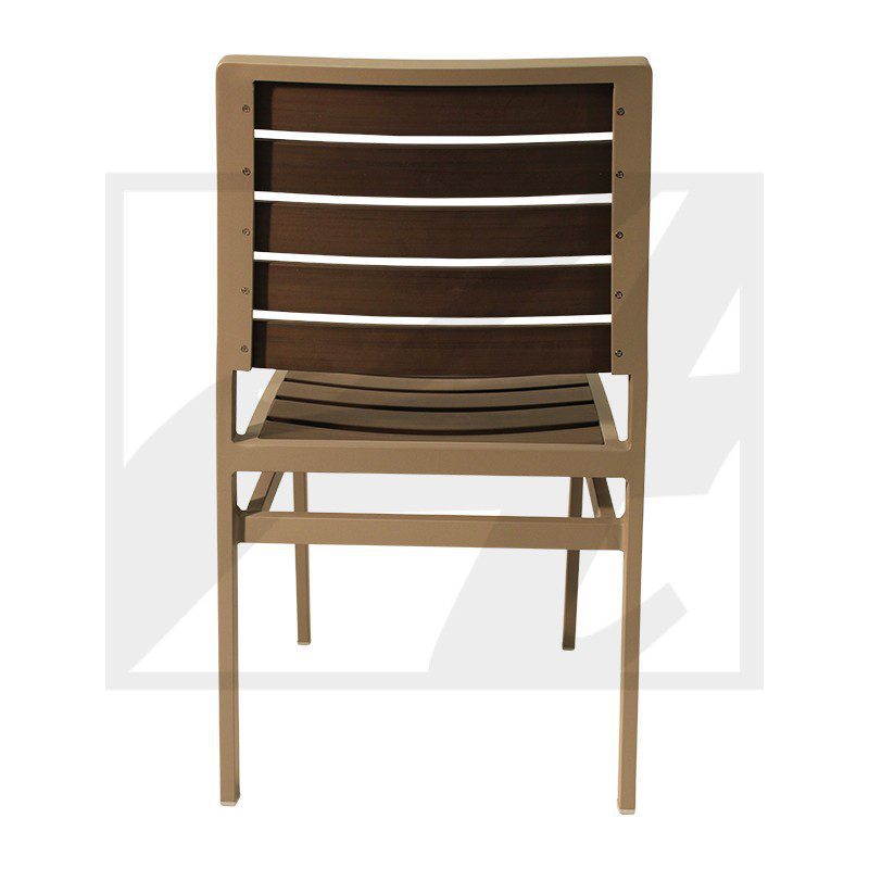 Back view of a wooden chair with horizontal slats and a light wooden frame.