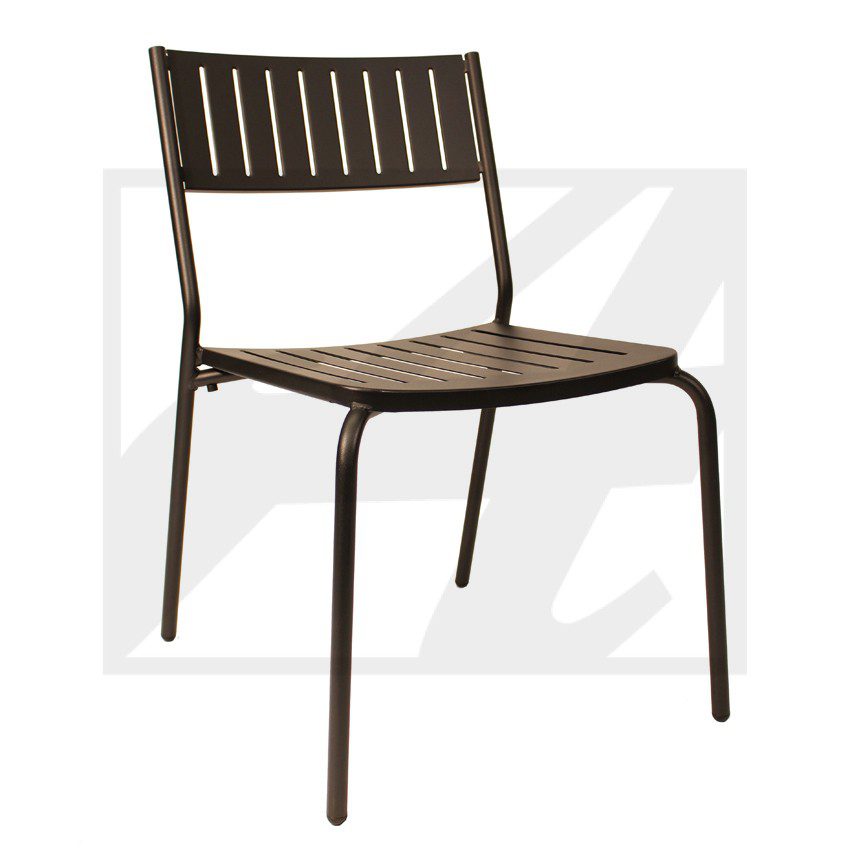 Modern brown chair with a slatted wooden seat and backrest.