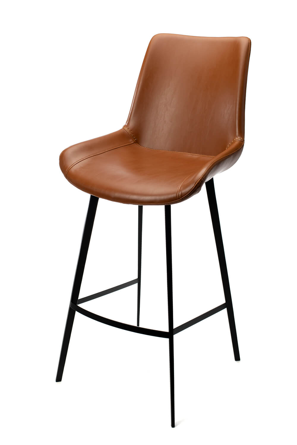 Modern brown leather bar stool with black metal legs.