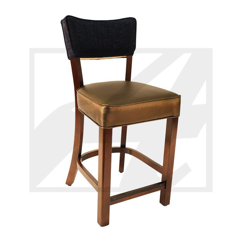 Wooden bar stool with cushioned seat and backrest.
