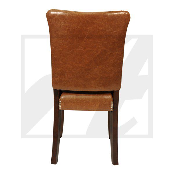 Brown leather chair with wooden legs, viewed from the back.