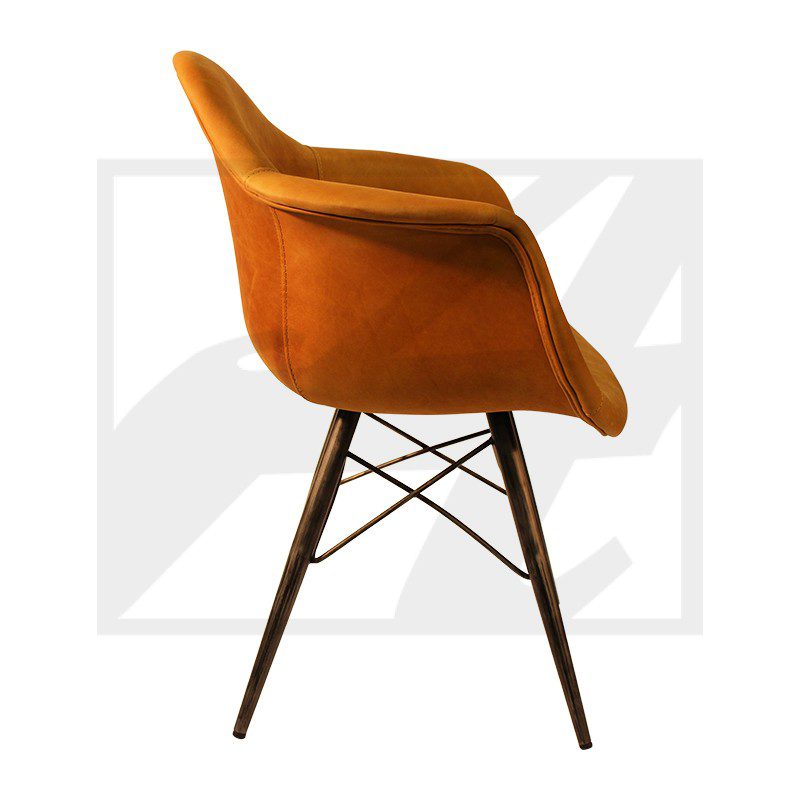 Modern orange upholstered chair with wooden legs and a sleek design.