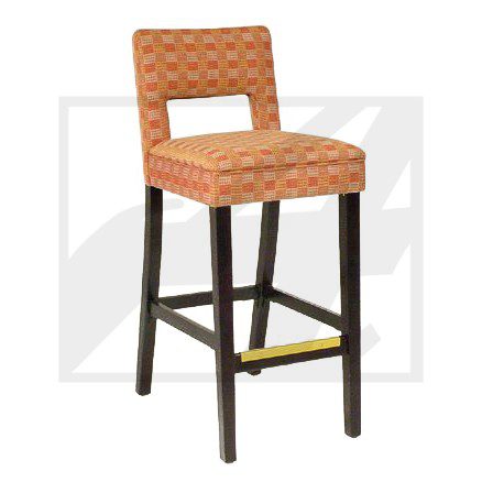 Brown cushioned bar stool with dark wooden legs and a brass footrest.