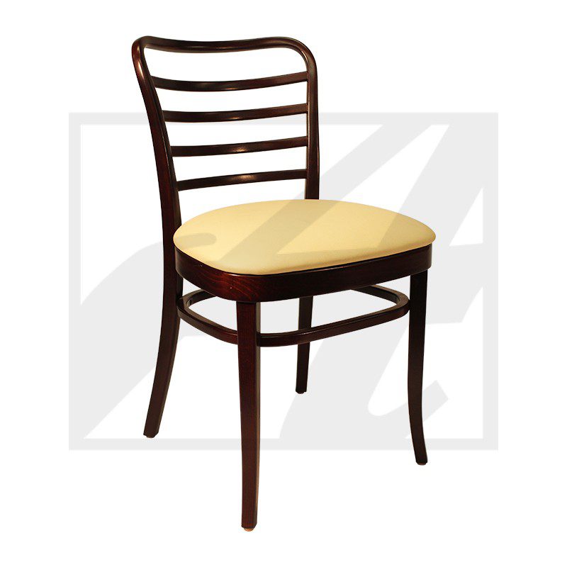 Wooden chair with a cushioned beige seat and ladder back design.