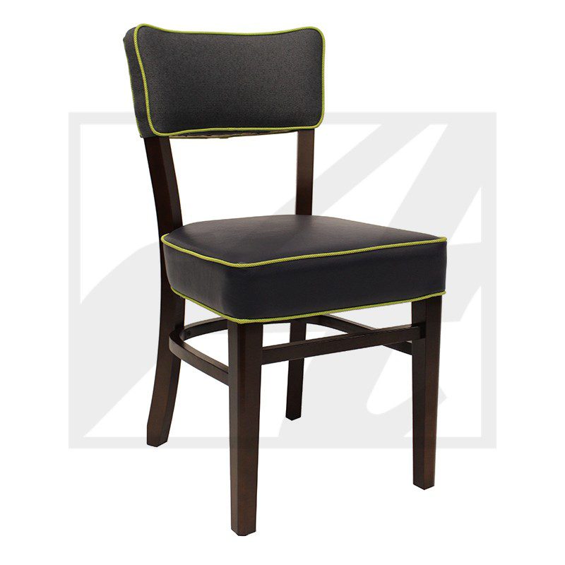 Wooden chair with black cushioned seat and backrest.