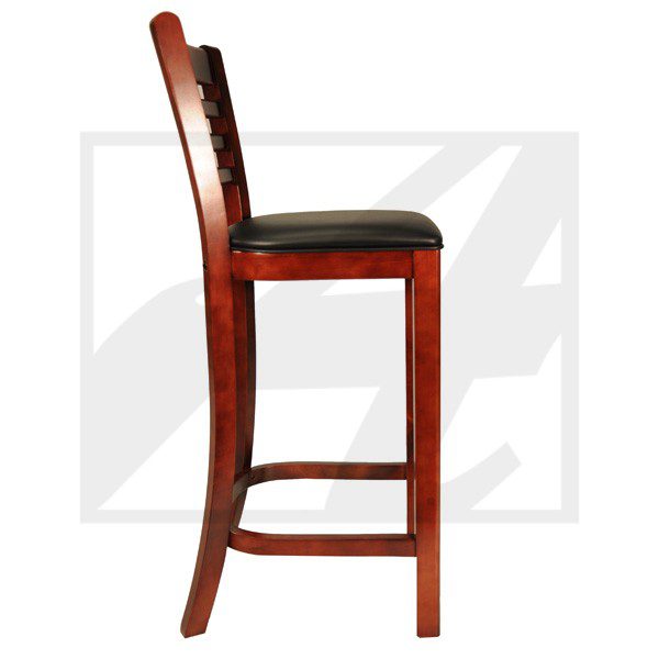 Side view of a wooden bar stool with a cushioned seat.