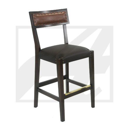 Tall wooden bar stool with a cushioned seat and backrest.
