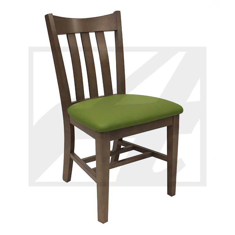 Wooden chair with green cushioned seat and slatted backrest.