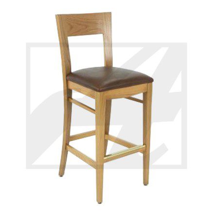 Wooden bar stool with a cushioned seat and backrest.