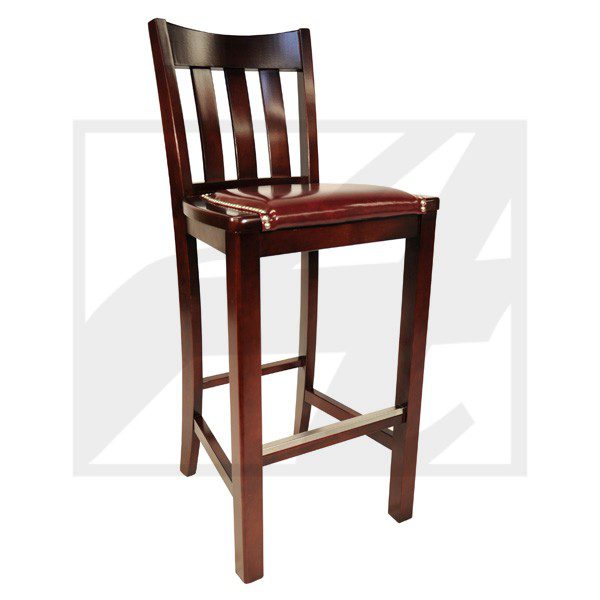 Wooden bar stool with a slatted backrest and footrest.