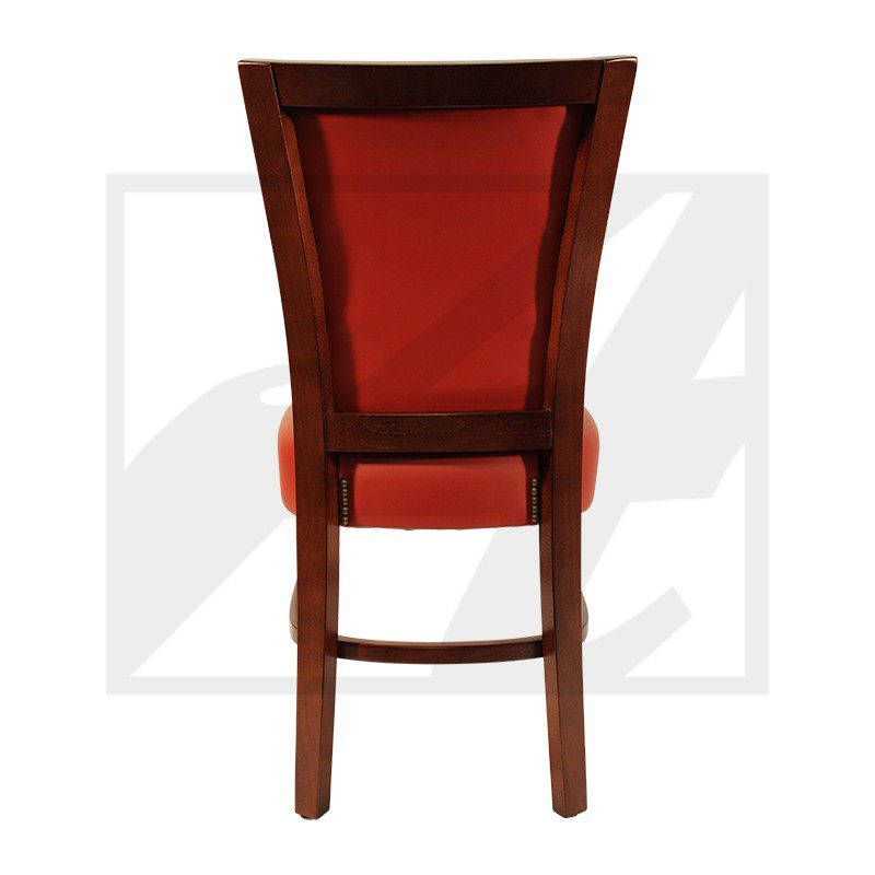 Wooden chair with red cushioned backrest and seat viewed from behind.
