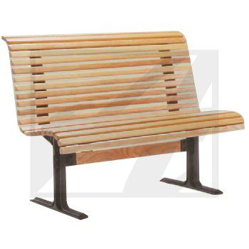 A modern wooden bench with metal legs.