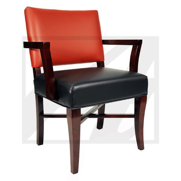 Elegant office chair with red and black upholstery and wooden frame.