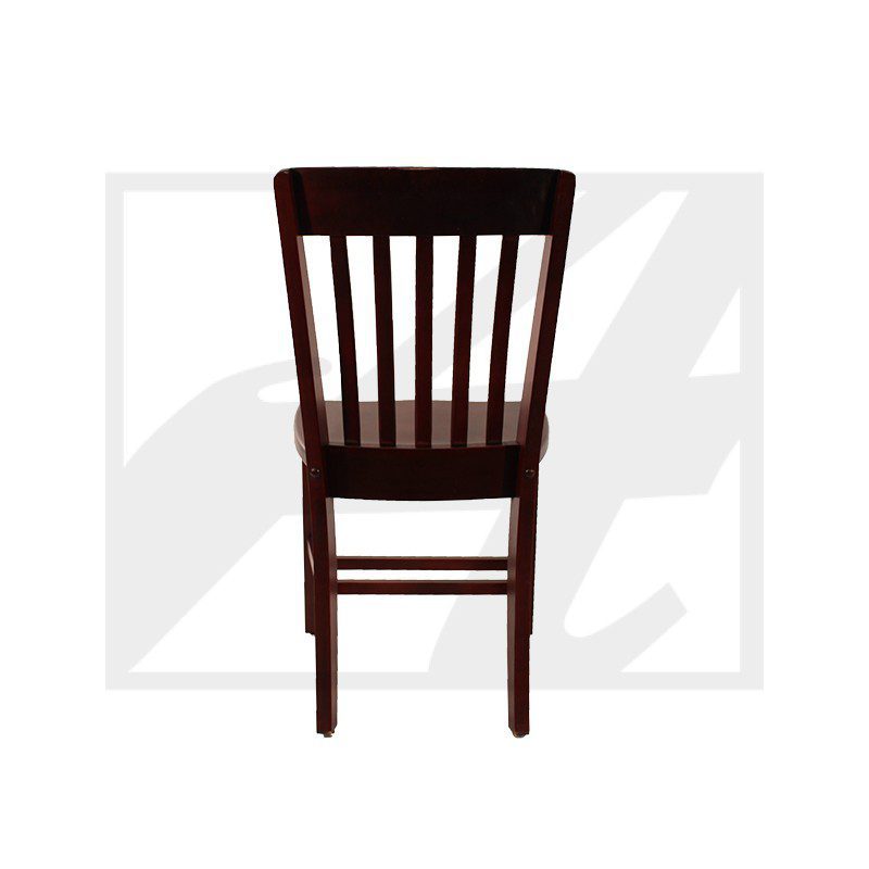 A simple wooden chair with vertical slats on the backrest.