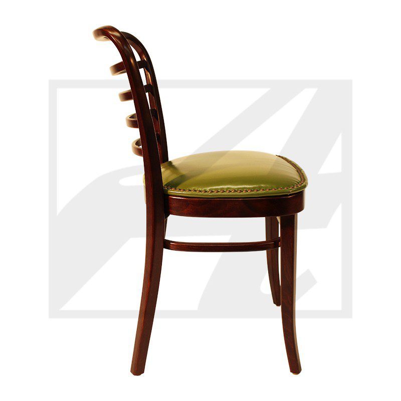 Classic wooden chair with green cushioned seat and curved backrest.