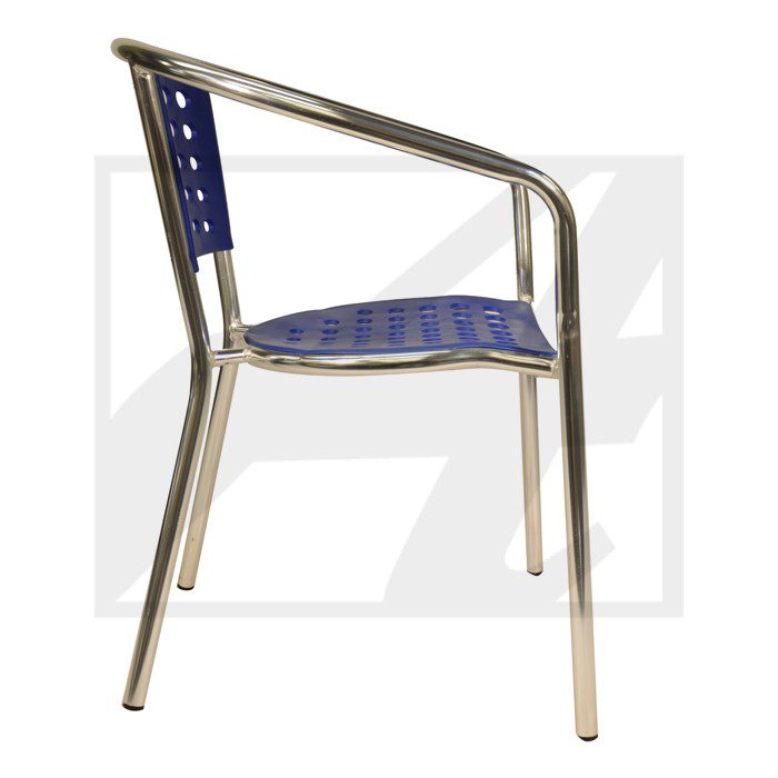 Modern metal chair with blue cushioned seat and backrest.