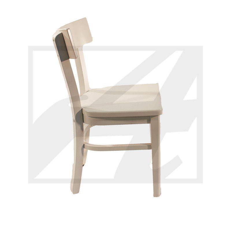 Side view of a wooden chair with beige cushioned seat and backrest.