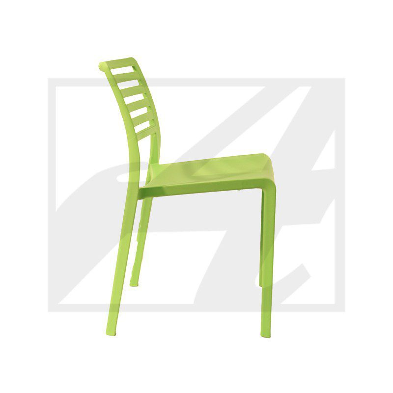 Modern green chair with a sleek design and angled backrest.